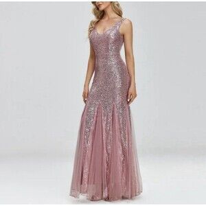 Women’s Pink Evening Dress Ball Gown XL Sequins Stretch Tulle Party Prom NYE